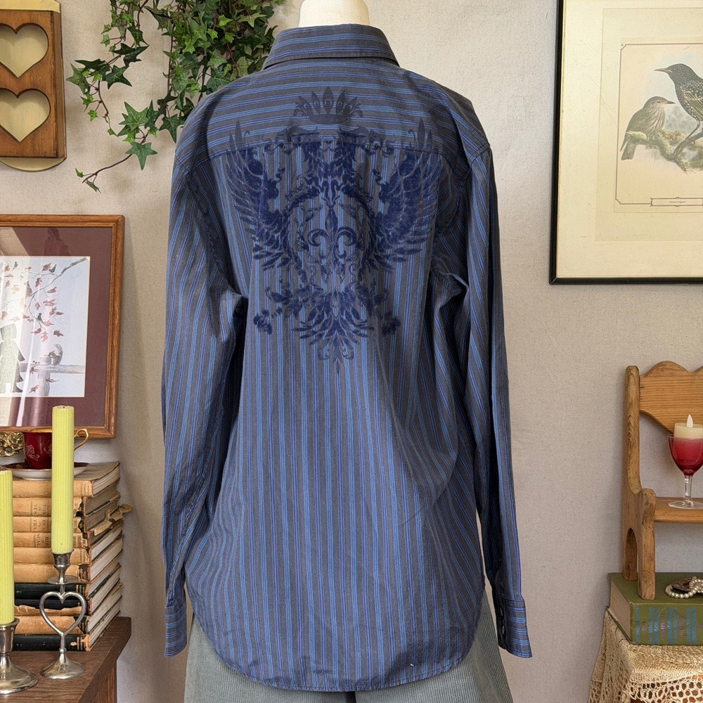 Blue Striped Back Wings Graphic Shirt Grunge Y2K Vintage XXL Oversized Layering